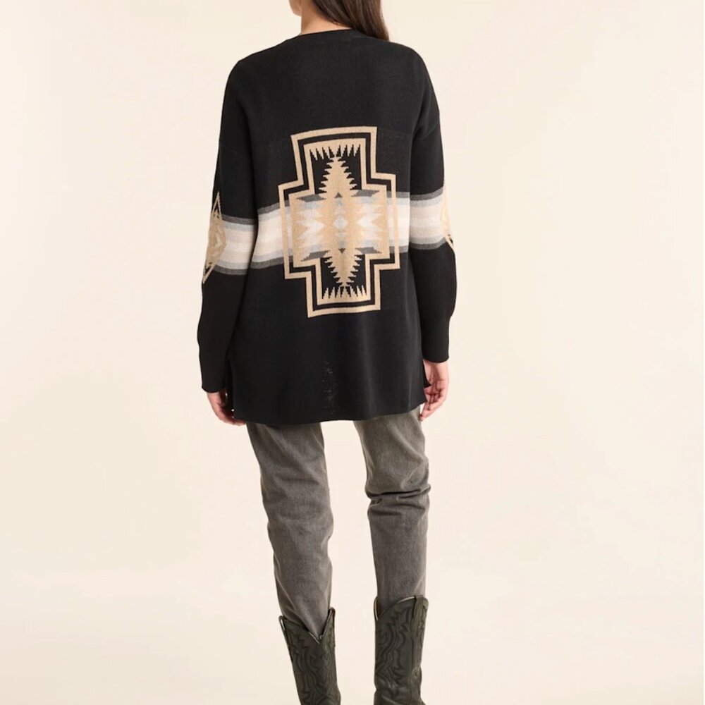 Pendleton Black Sweater Cardigan with Tan and Cream Geometric Panel - Picture 1 of 10